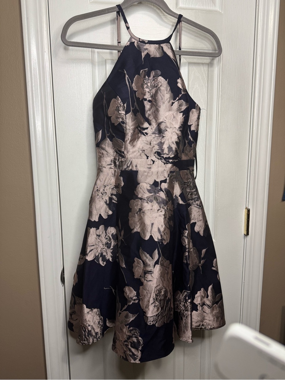 Xscape Navy Dress with Blush Floral Metallic Accents